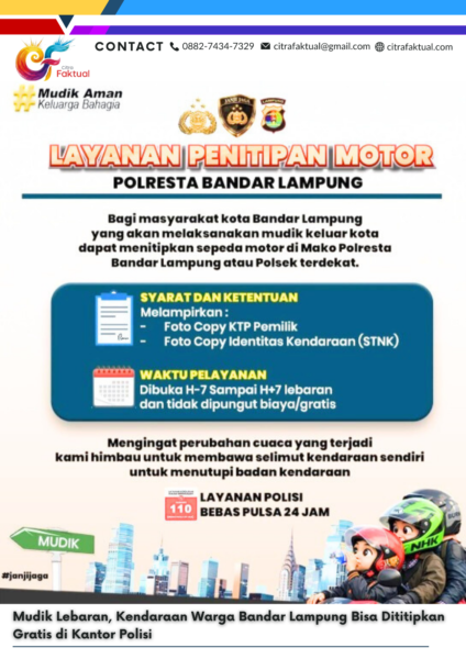 Mudik Lebaran, Kendaraan Warga Bandar Lampung Bisa Dititipkan Gratis di Kantor Polisi